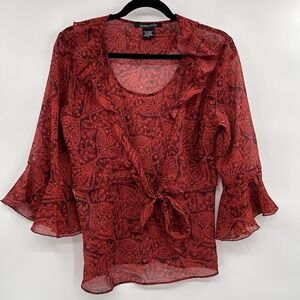 Versatile Womens Sheer Whimsigoth Top Size Medium Red Fairy Grunge Bell Sleeve